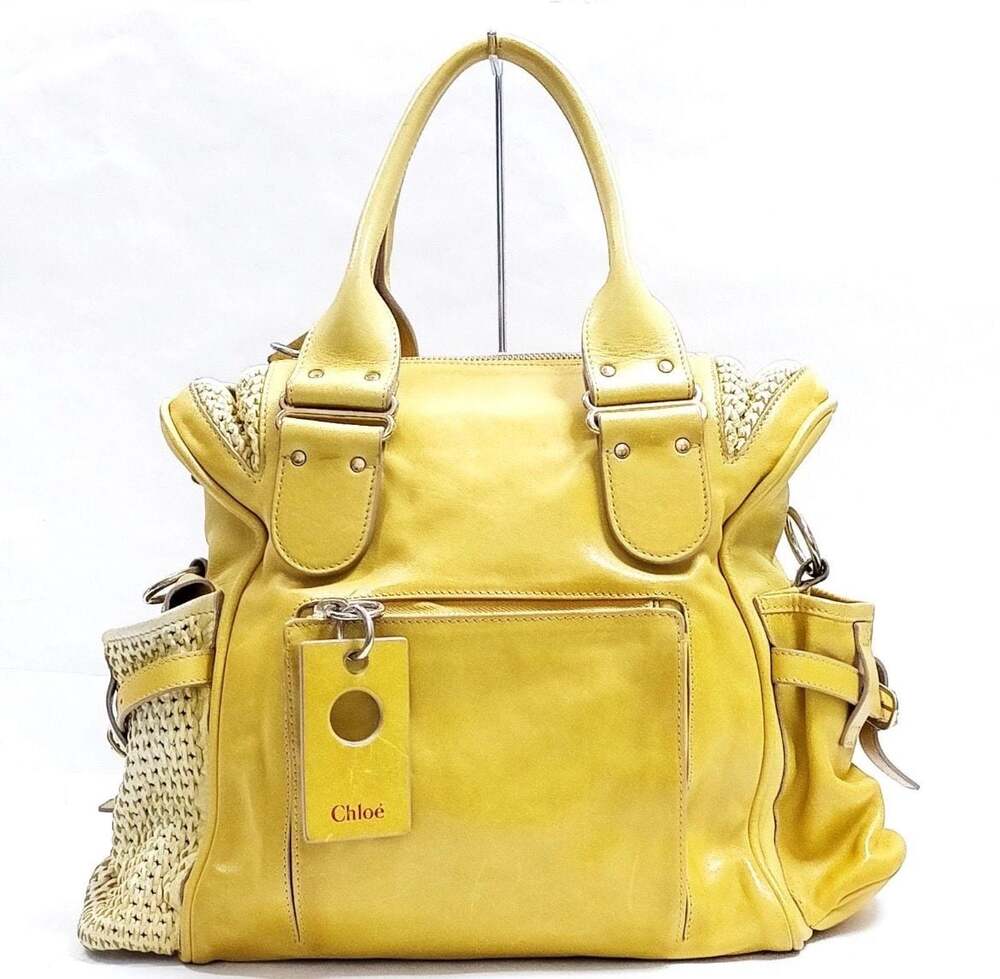Chloé Yellow Leather and Woven Straw Detail Satchel Tote